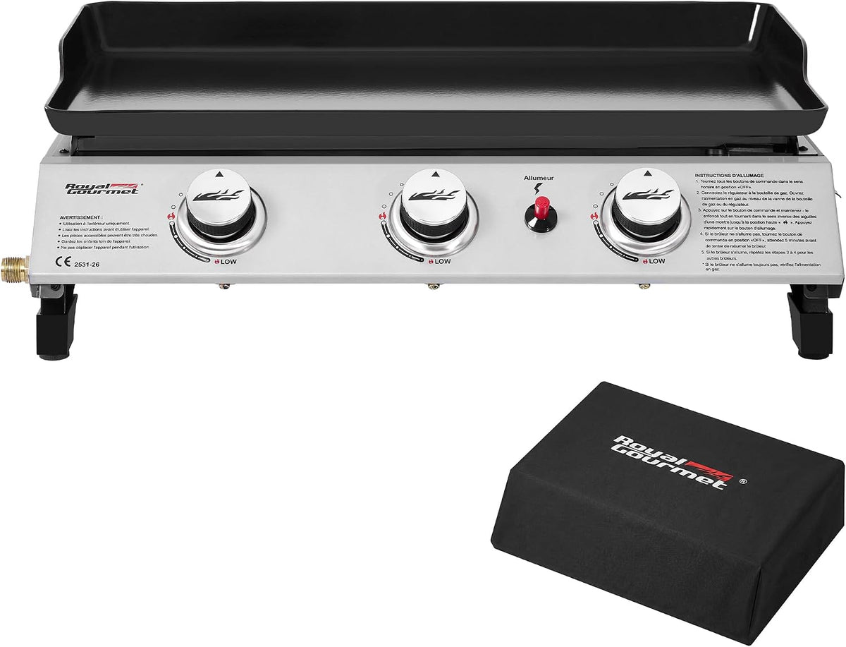 Plancha, 63,5 × 36,5 cm, 7,5 kW, acier, portable, 3 brûleurs, Royal Gourmet