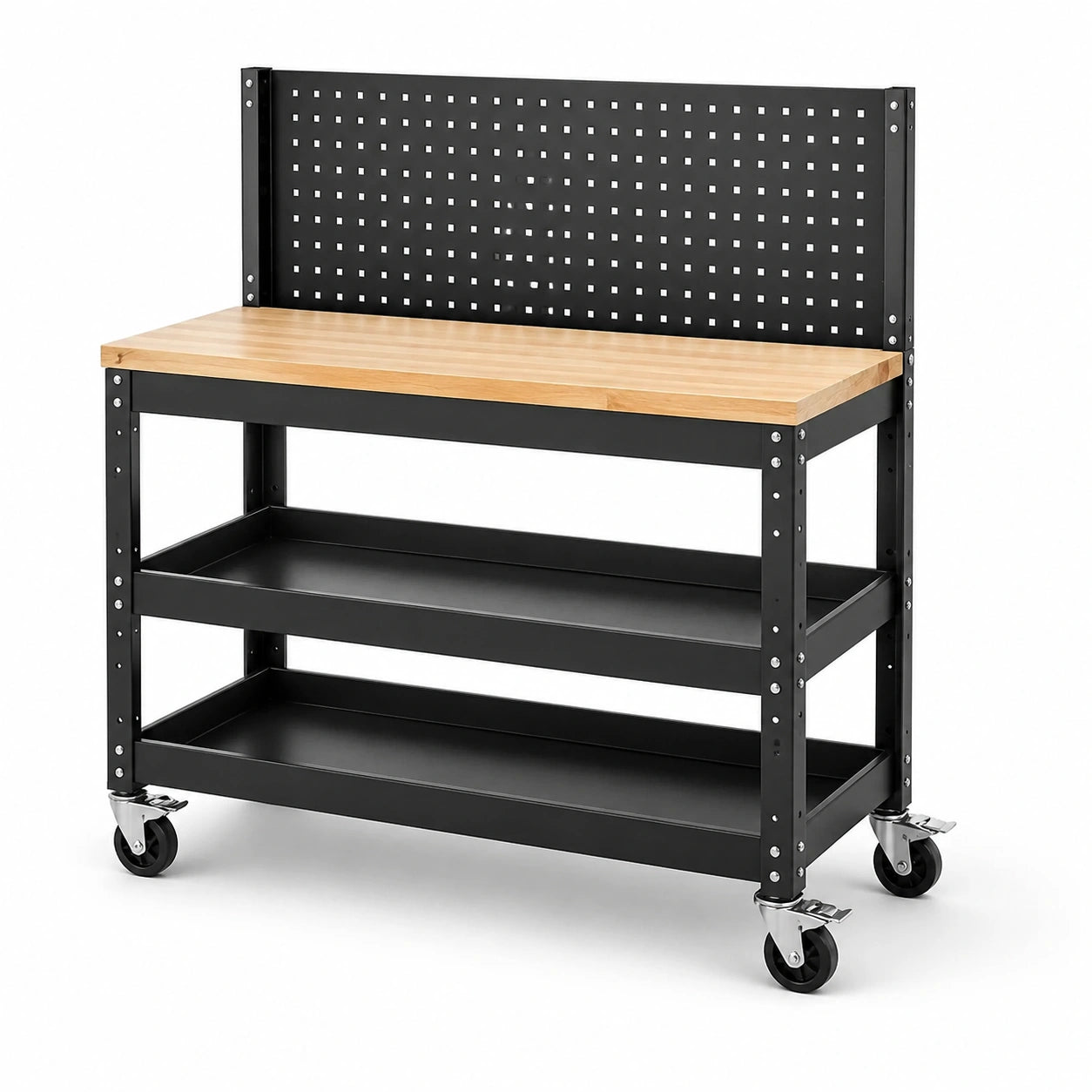 Établi en métal avec plateau en bois, étagères et roulettes