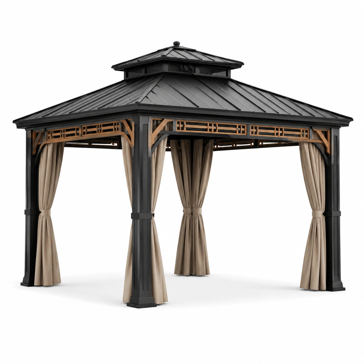 Pavillon en métal avec rideaux en polyester beige 3x3 m