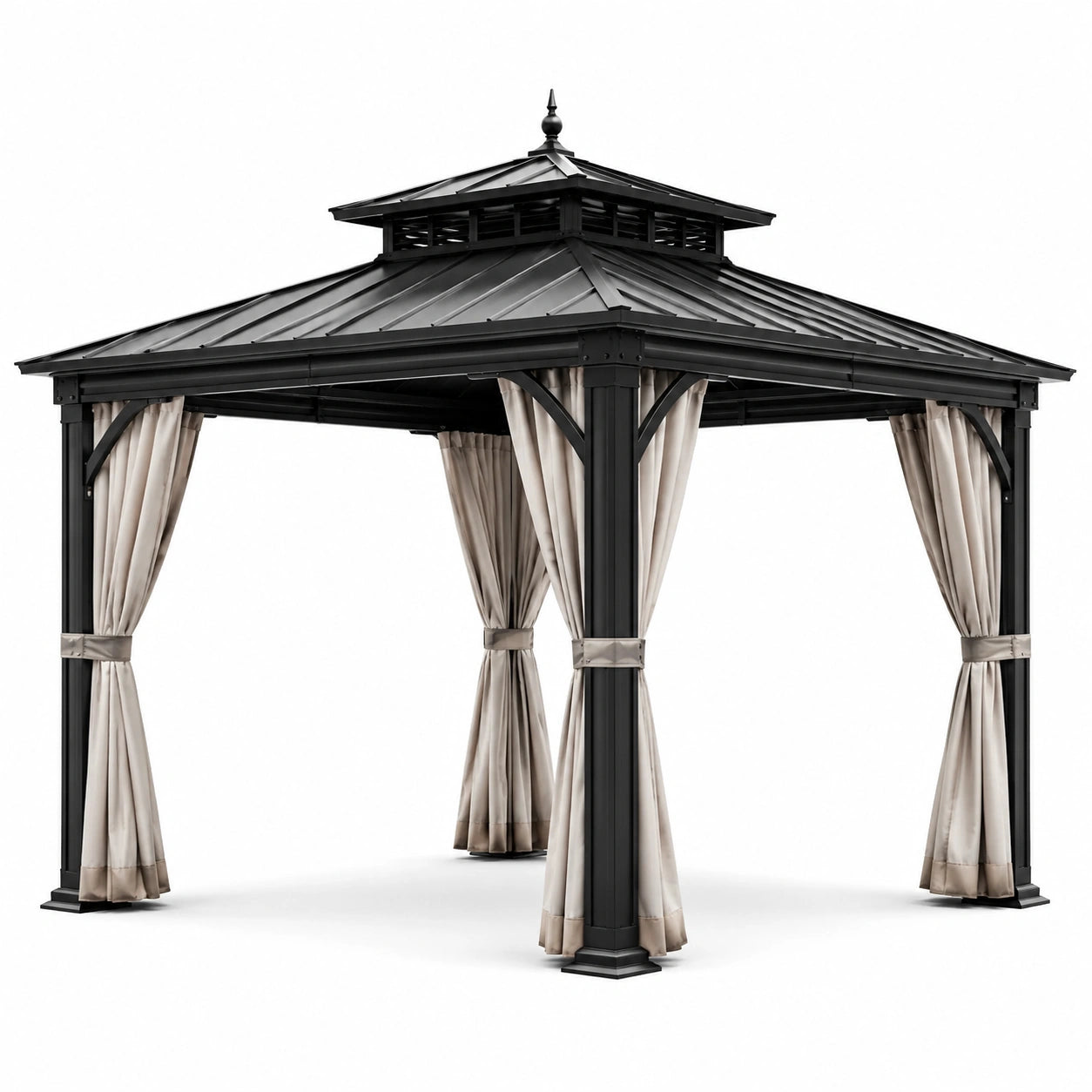 Pavillon en aluminium avec toit en acier et rideaux polyester 3x3m noir/beige