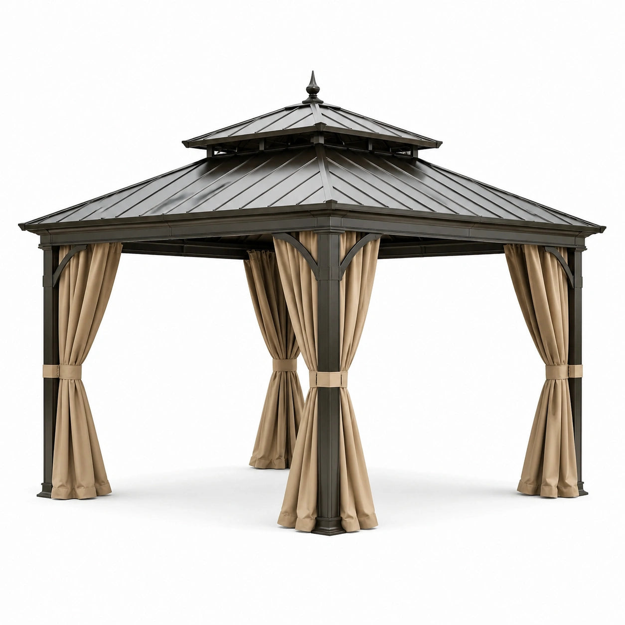 Pavillon de jardin en aluminium avec toit en acier et rideaux en polyester beige 3x3m