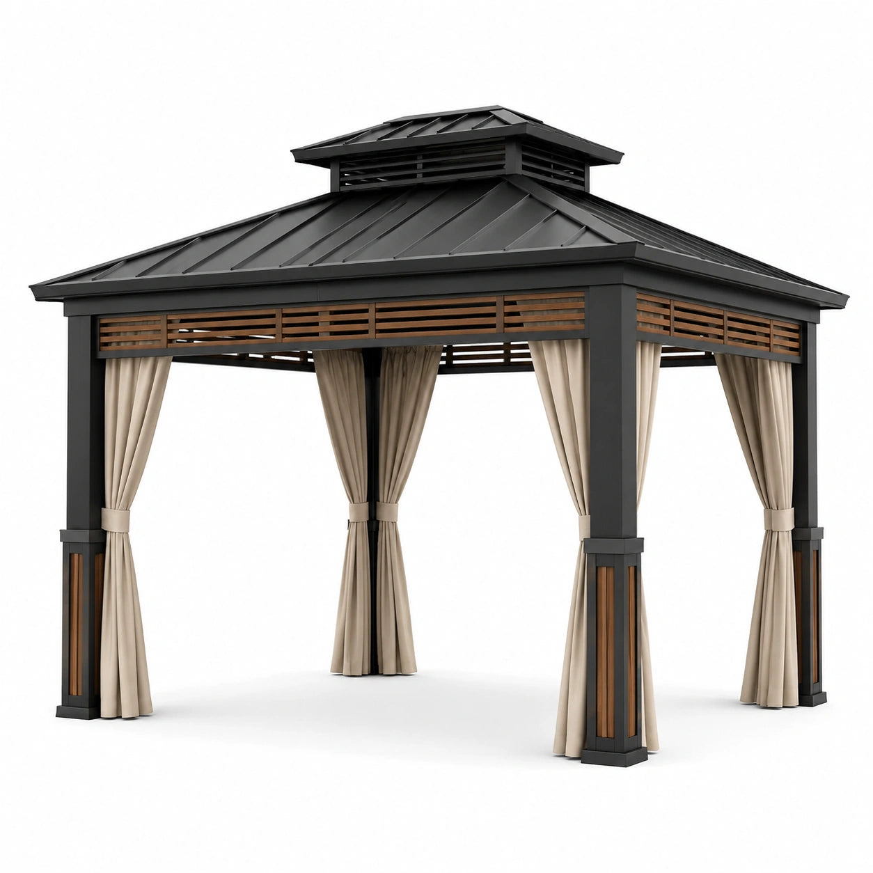 Pavillon en aluminium avec toit en acier et rideaux beiges