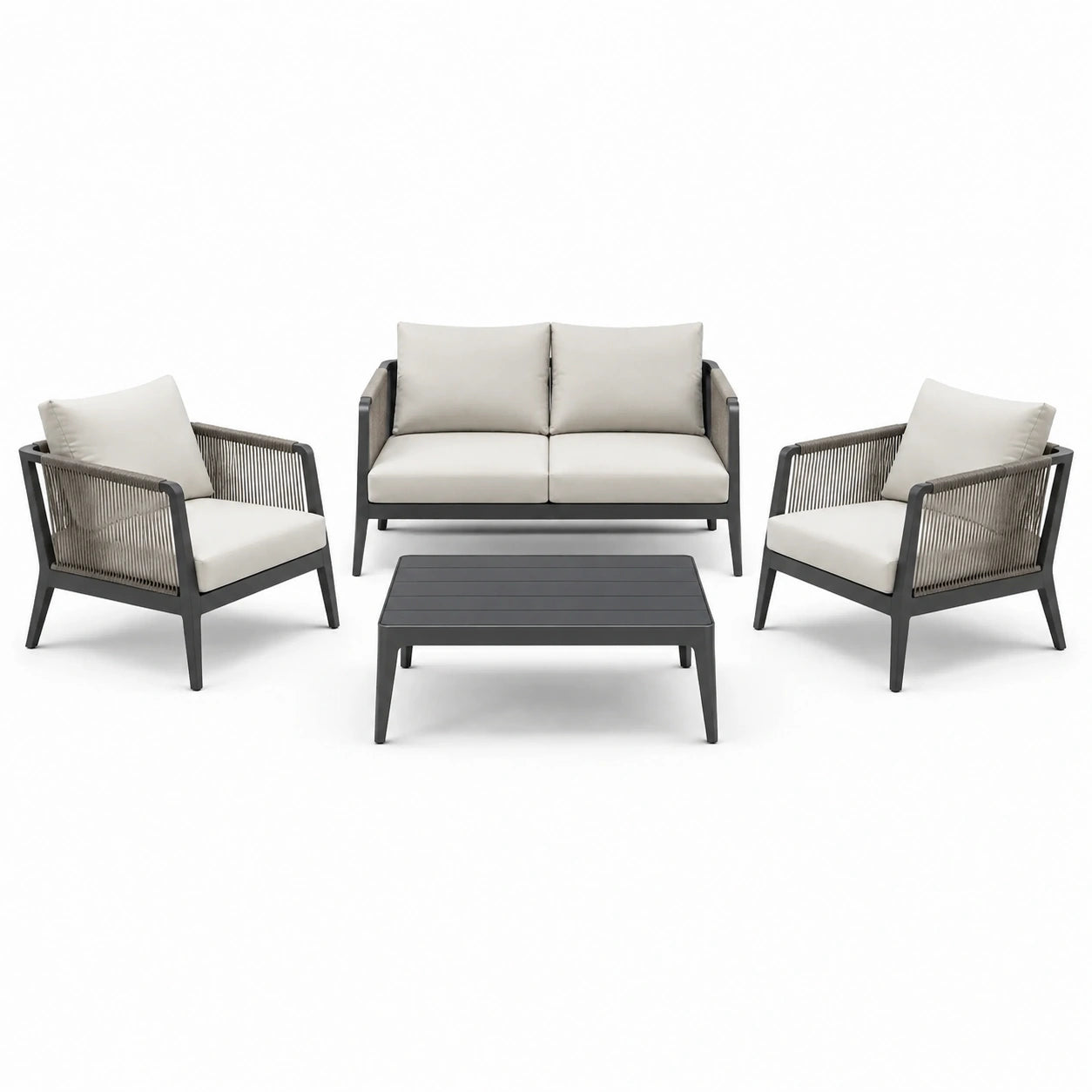 Ensemble de salon de jardin en aluminium et corde gris foncé avec coussins beiges