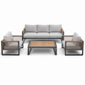 Salon de jardin en aluminium et teck avec coussins en polyester gris