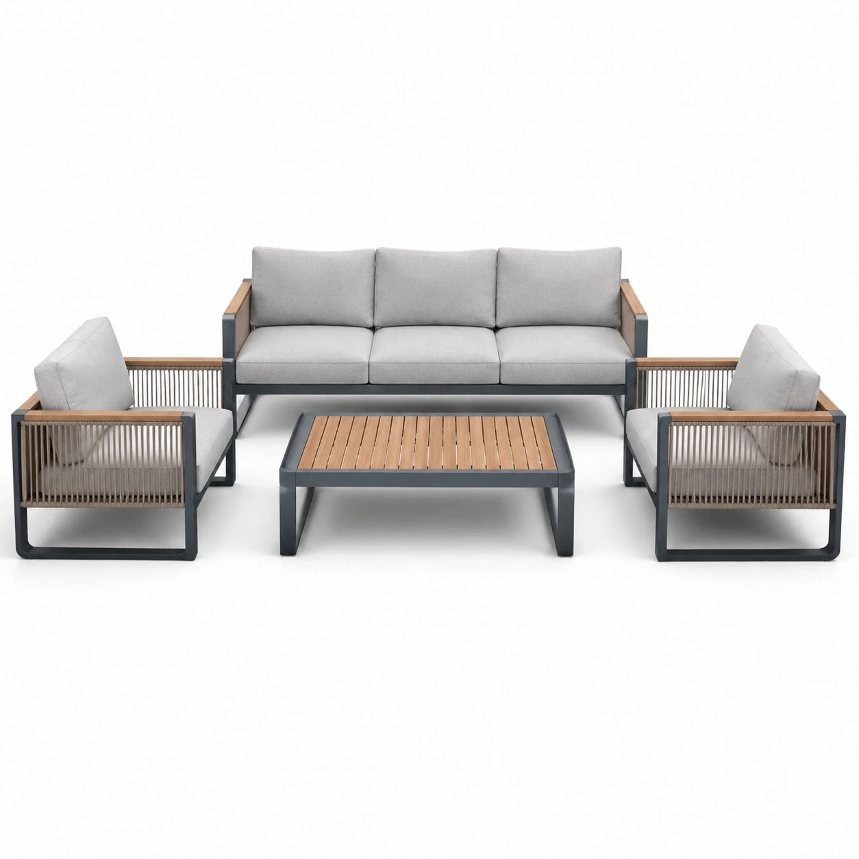 Salon de jardin en aluminium et teck avec coussins en polyester gris
