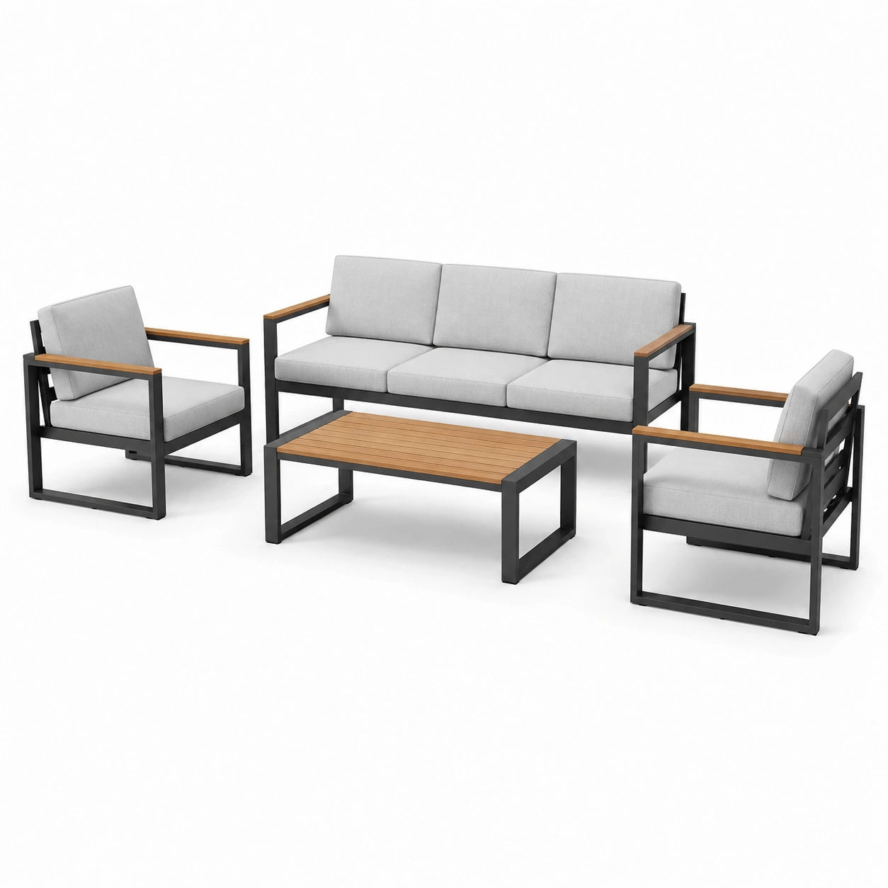 Ensemble de salon de jardin en aluminium et bois d'acacia avec canapés et fauteuils gris