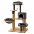 Arbre à chat en bois avec plateformes et coussins gris
