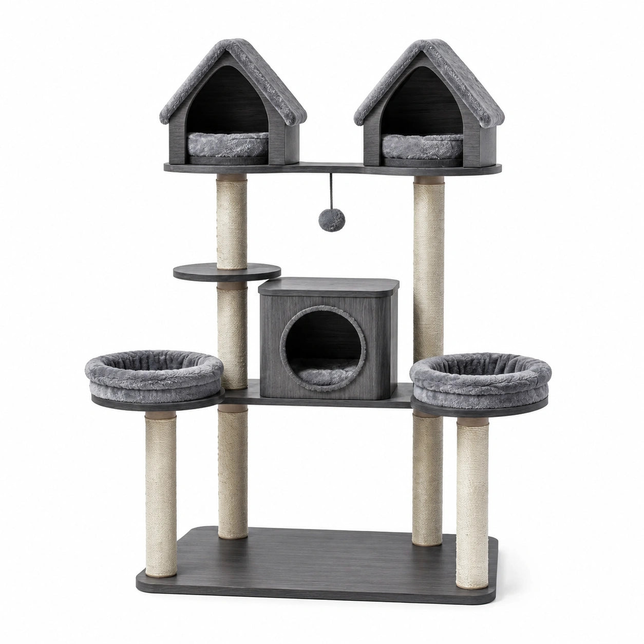 Arbre à chat en bois et sisal avec niches et plateformes - Gris 120 cm