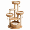 Arbre à chat en bois et osier avec poteaux en sisal et coussins beiges