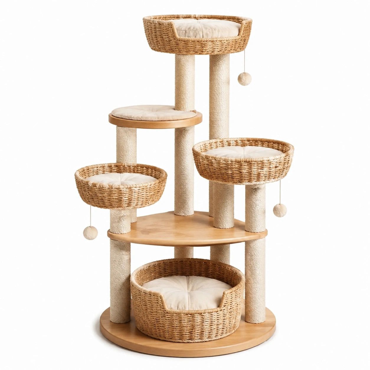 Arbre à chat en bois et osier avec poteaux en sisal et coussins beiges