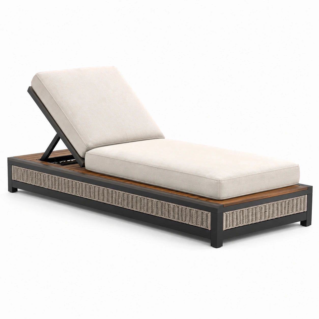 Chaise Longue en Aluminium, Polyéthylène Tressé et Teck Beige