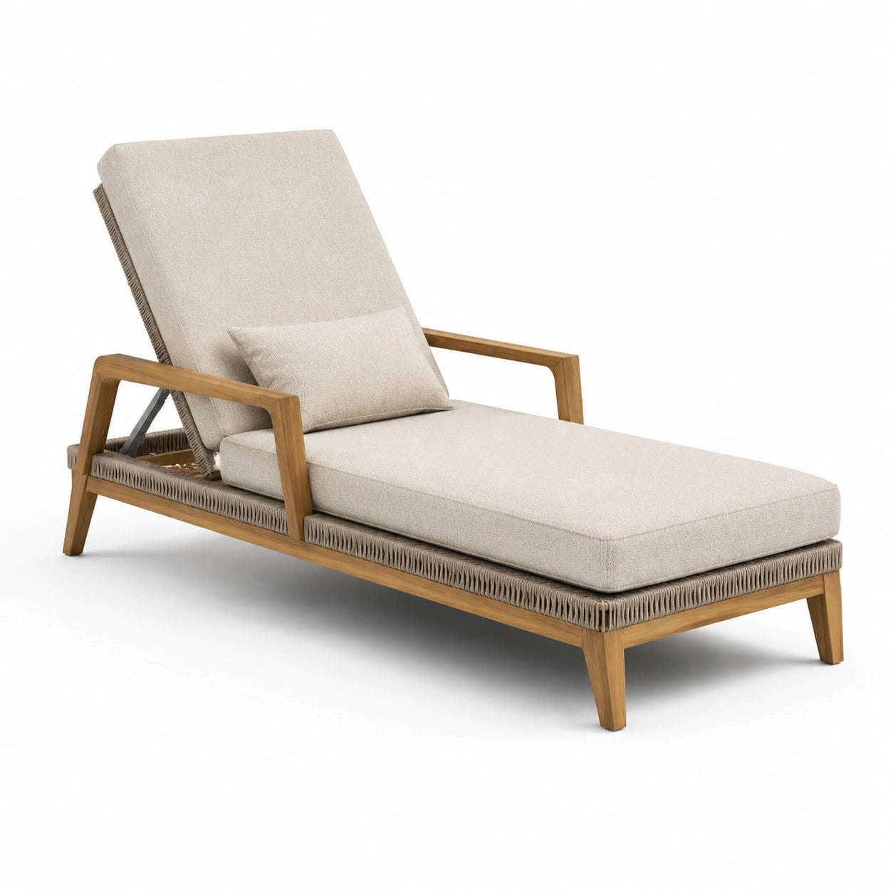 Chaise longue en bois de teck avec coussin en polyester beige