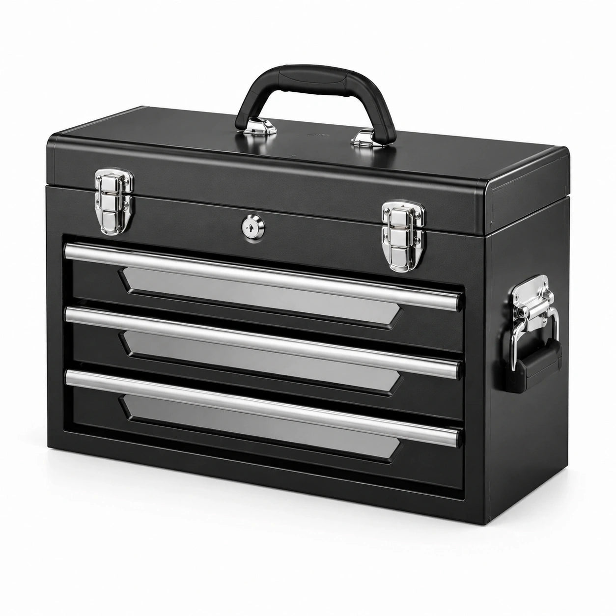 Boîte à outils en métal noir avec 3 tiroirs verrouillables