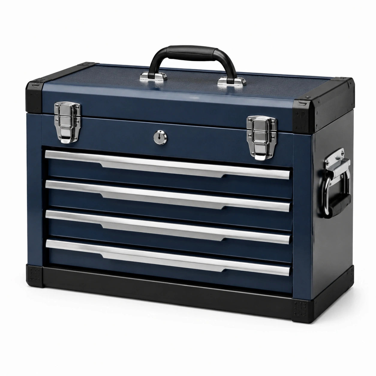 Boîte à outils métallique avec 4 tiroirs en bleu et noir