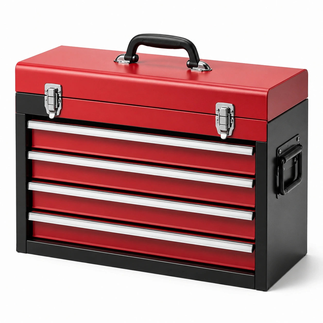 Boîte à outils en métal rouge et noir avec 4 tiroirs