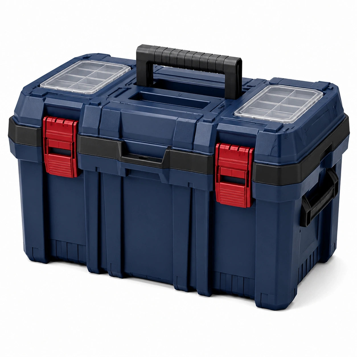 Boîte à outils en plastique avec compartiments bleu, rouge et noir