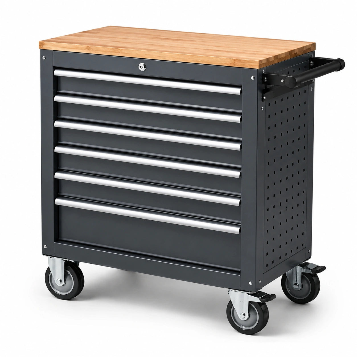 Chariot à outils en métal 6 tiroirs avec plateau en bois de hêtre 77 cm x 95 cm x 40 cm gris