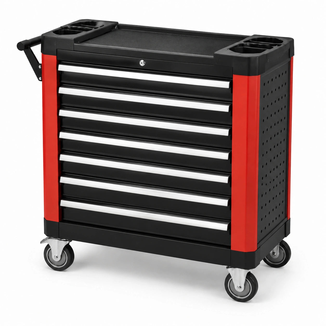 Chariot à outils métallique noir et rouge avec 7 tiroirs et roulettes
