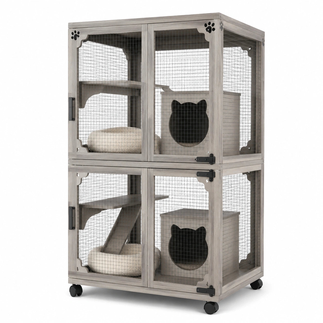 Enclos pour chat en bois de pin et grillage en acier gris