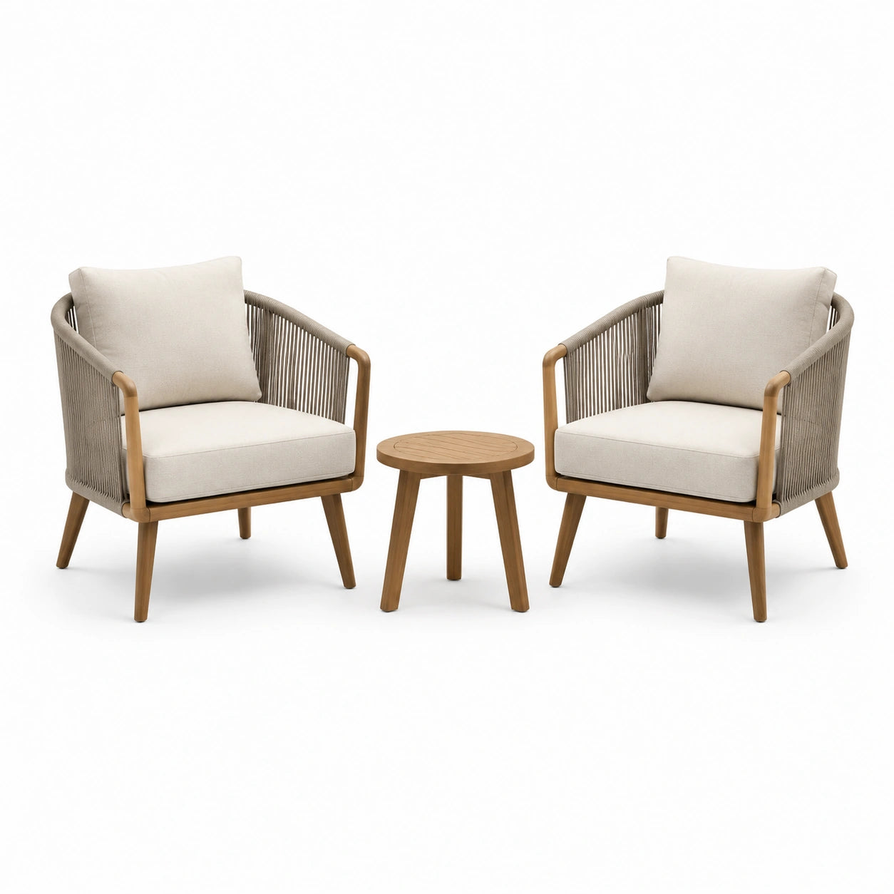 Ensemble de fauteuils en corde et table en bois beige et marron