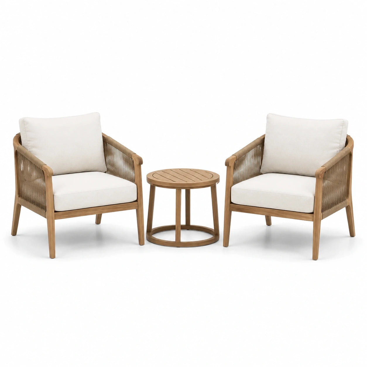 Ensemble bistro en bois d'acacia et corde, 2 fauteuils et 1 table