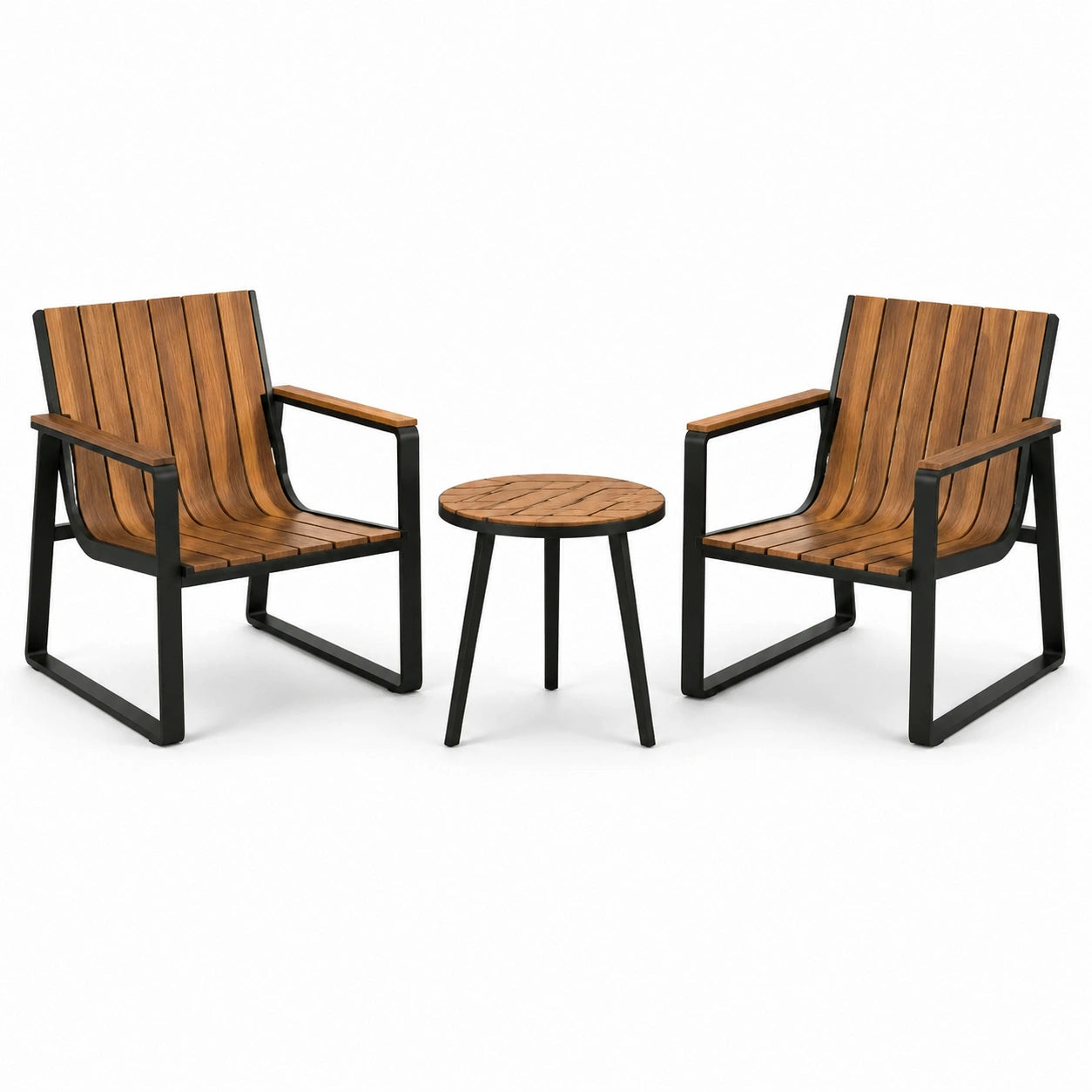 Ensemble en bois et métal avec deux fauteuils et table ronde marron/noir