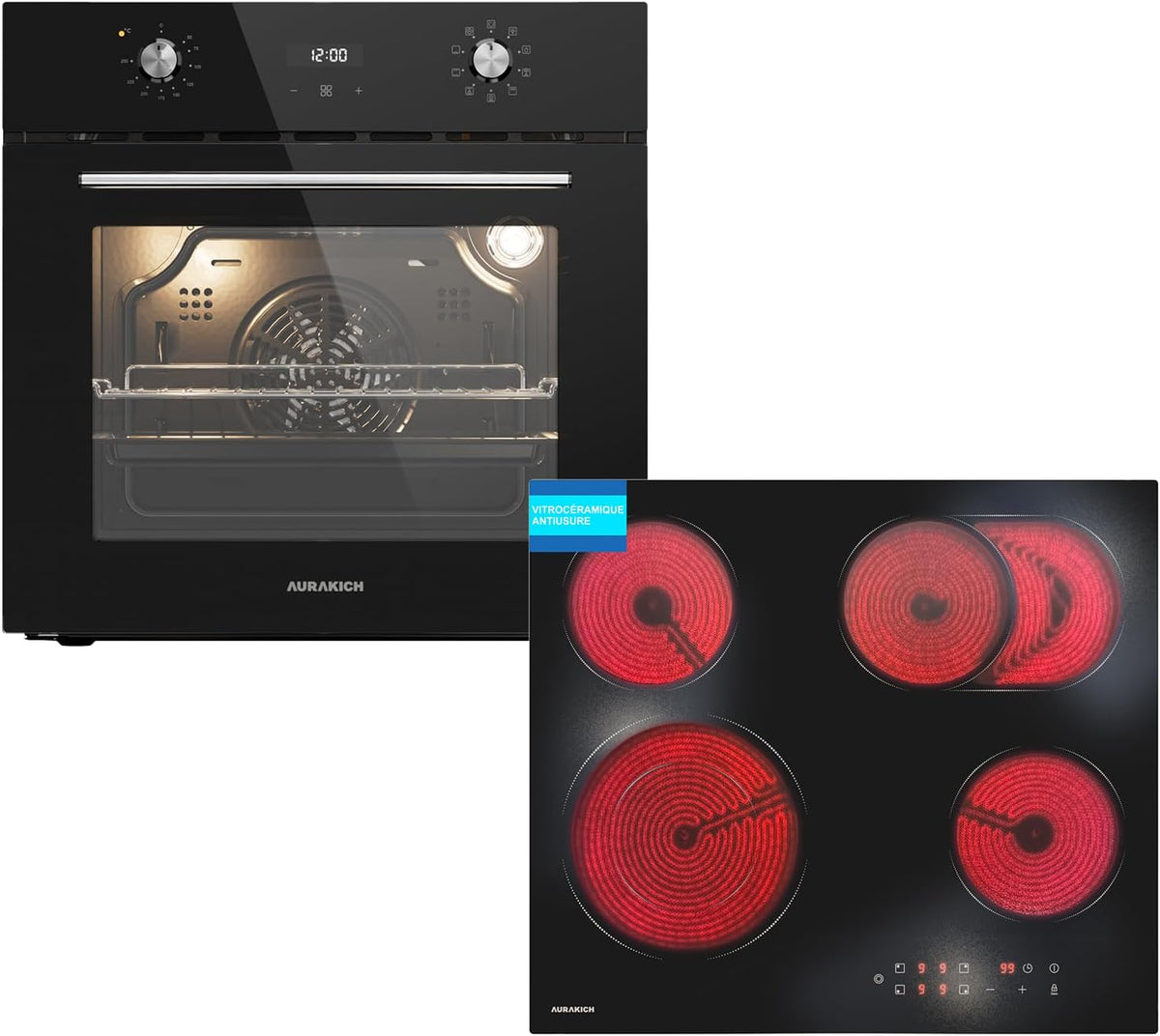 Ensemble four et plaque de cuisson, 70 L, encastrable, vitrocéramique, AURAKICH