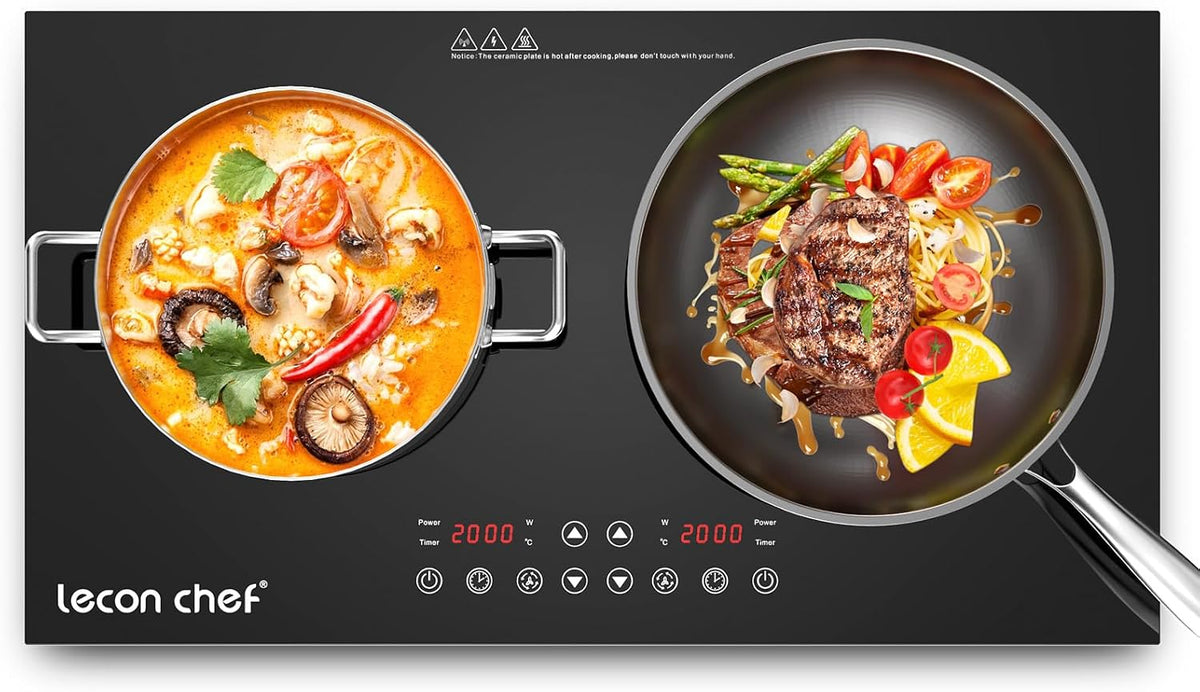 Table de cuisson, 32 cm, 4000 W, induction, 2 feux, 10 niveaux, lecon chef