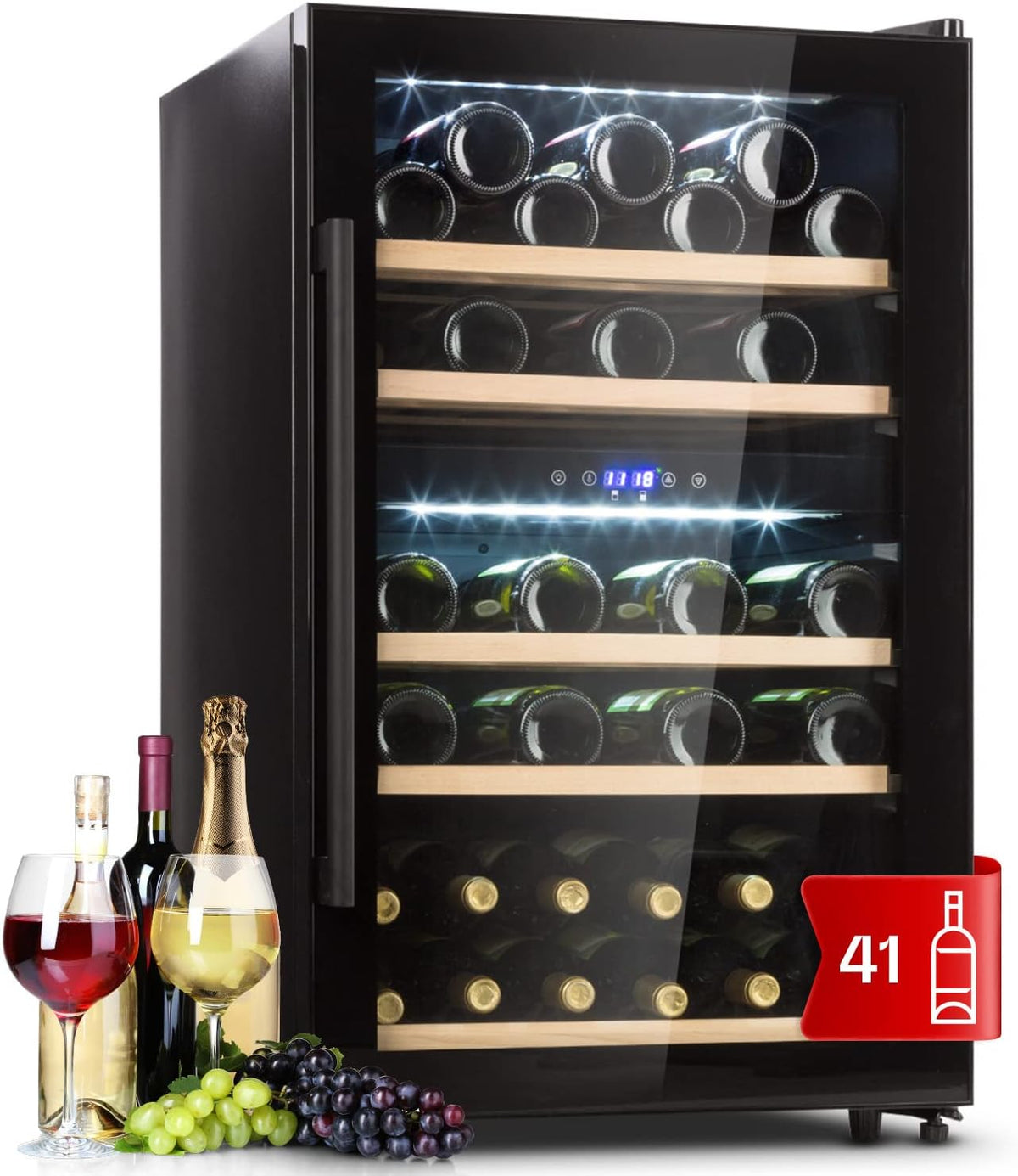 Klarstein cave à vin, 18 °C, bois, verre, noir, 41 bouteilles