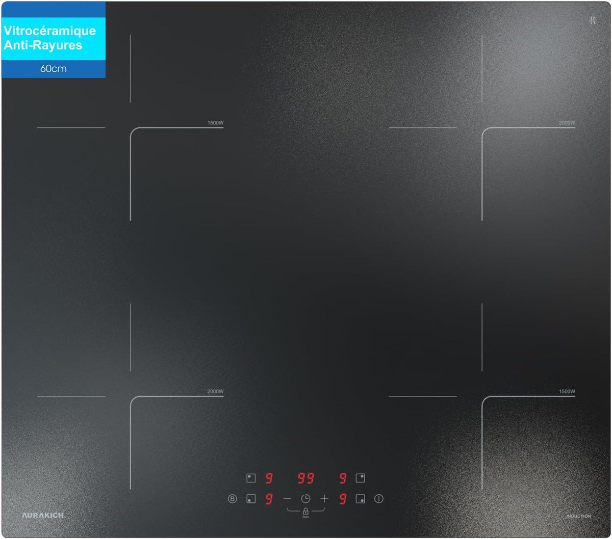 Table de cuisson, 60 cm, verre, induction, encastrable, 4 feux, AURAKICH