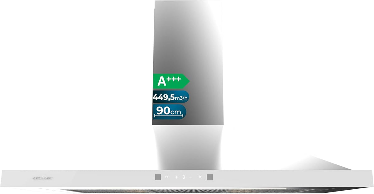 Cecotec PT 904400 hotte aspirante, 90 cm, 449,5 m³/h, acier inoxydable, verre, blanc, frontal